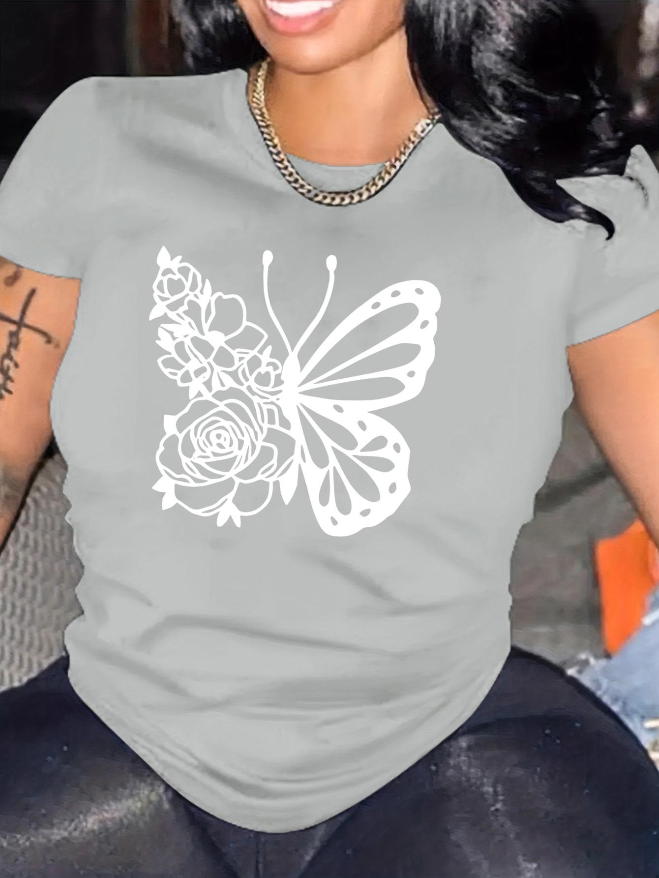 

Womens Daily Fashion Casual Clothing Black and White Comfortable Butterfly Print American Printing ShortSleeved TShirt S