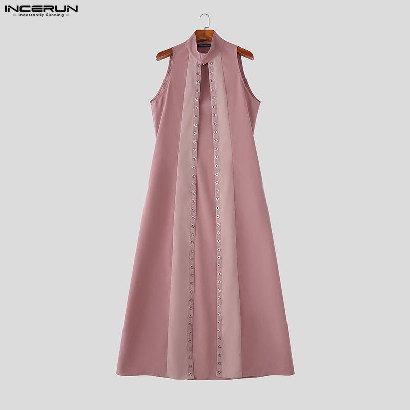 INCERUN Men Stand Neck Sleeveless Open Front Eyelet Casual Cosplay Long Vest Cardigan