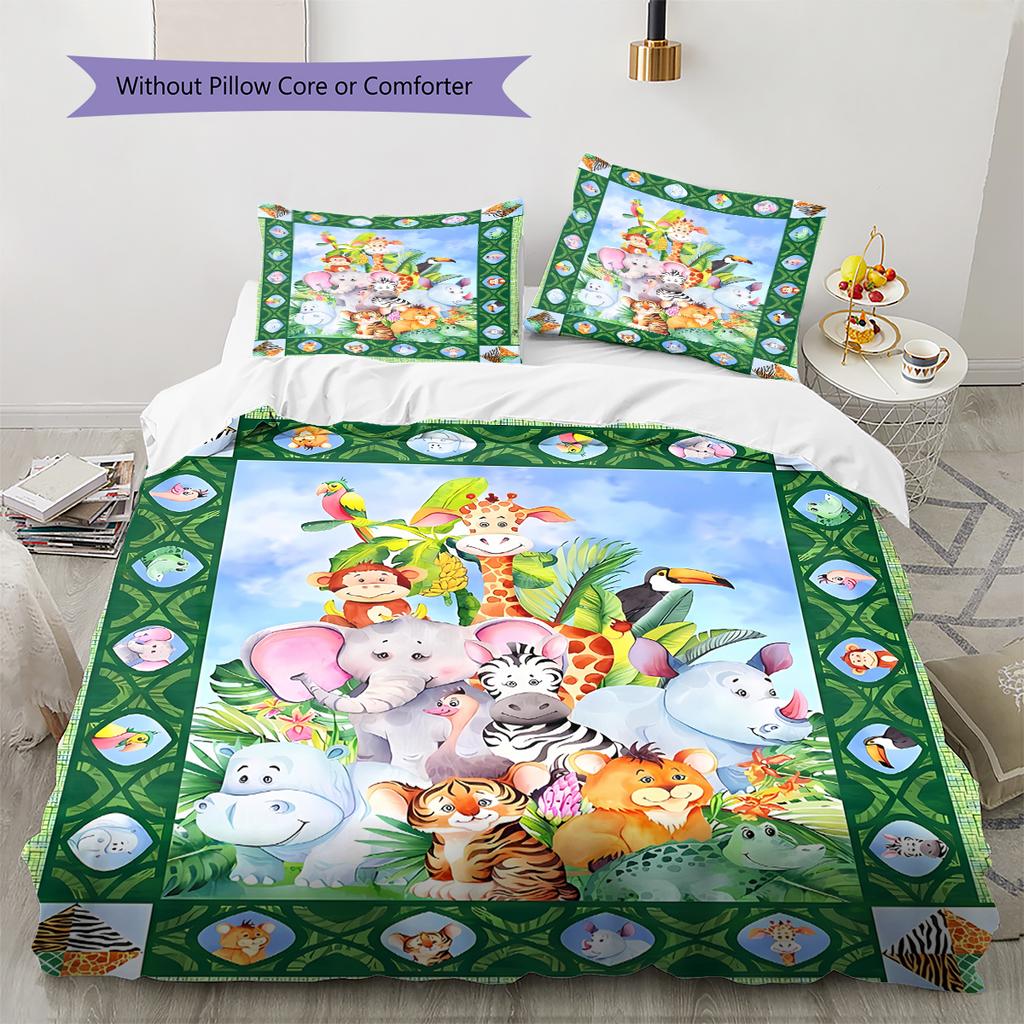 Cartoon Animals Pattern Bedding Quilt Set Quilt Cover Pillowcase Home Decoration Gift (1 * duvet cover + 2 * pillowcase, without core)