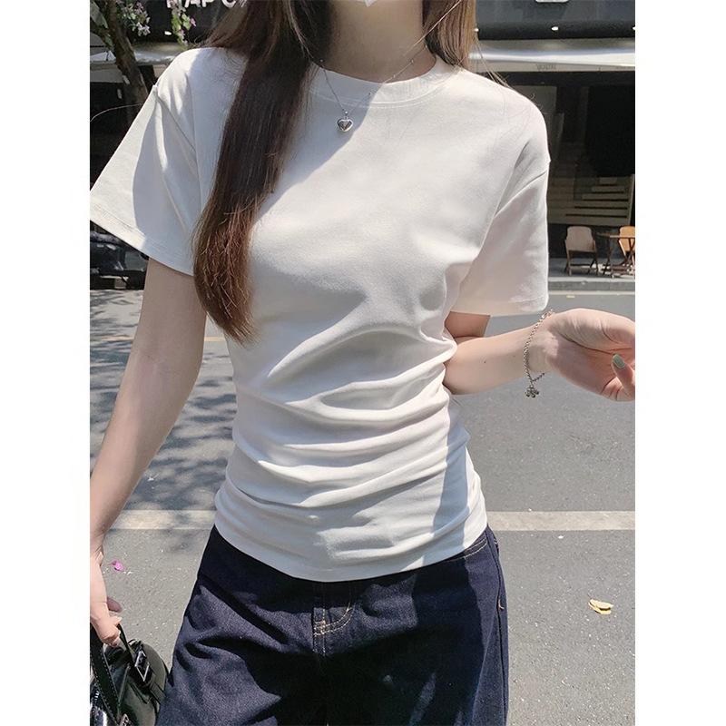 American Pure Cotton Basic Simple Front Shoulder Short-sleeved T-shirt Women's Summer New Spice Girl Meat-covering and Thin Top