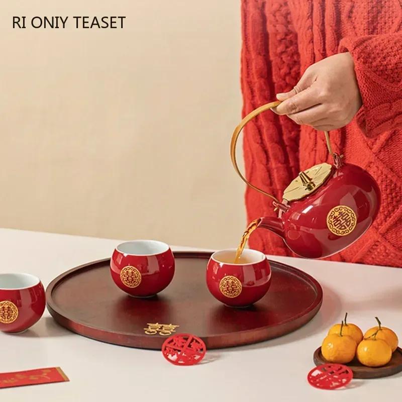 Chinese Red Ceramic Tea Set Bamboo Tray Handmade Teapot Kettle Teacup Tea Jar Household Wedding Teaware Sets Holiday Luxury Gift