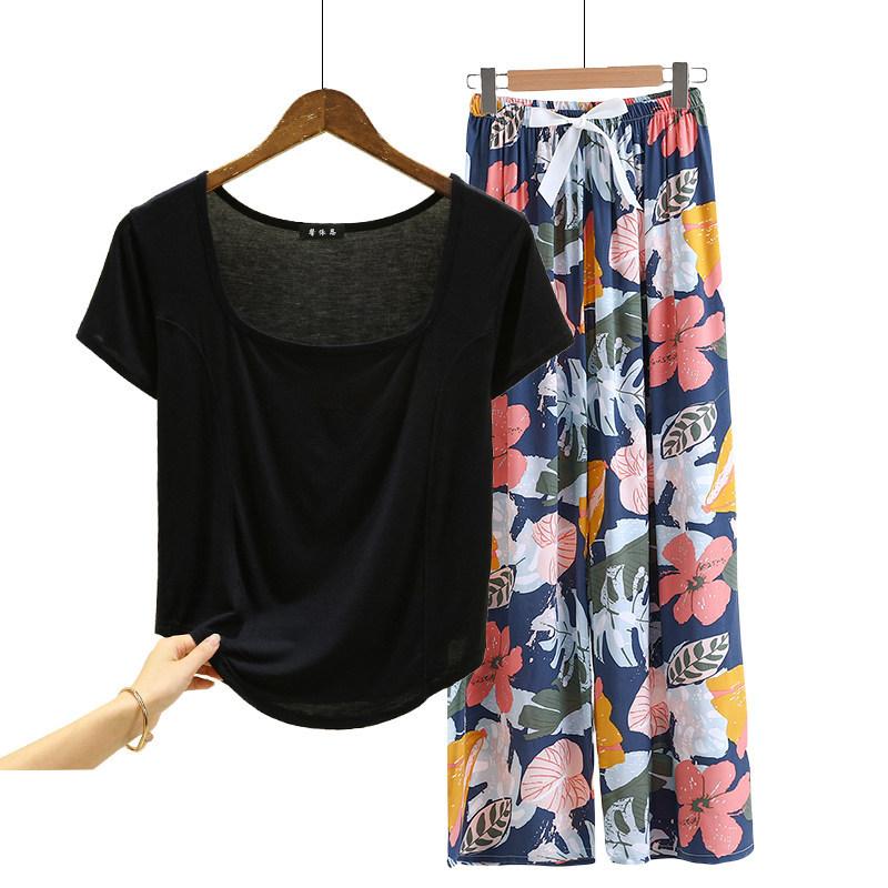 Fashion U Nek Tshirt and Floral Wide leg pants Summer fashion homewear 2pcs suit Loose Casual pajamas set comfort loungewear plus size