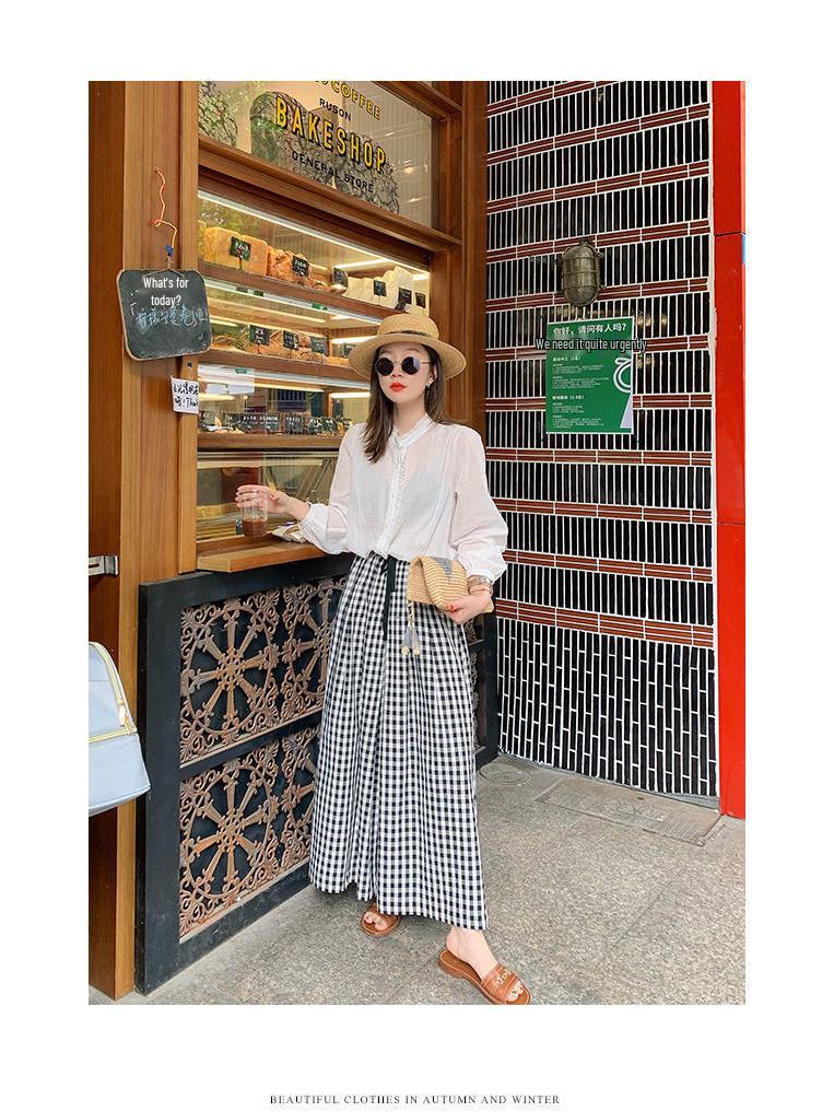 Damen Karomuster Baumwoll-Leinen Weitbein Hose - Elastischer Bund, Slim Fit, Lässiger Lockerer Schnitt