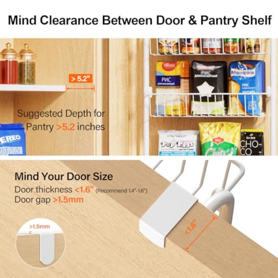 Over the Door Pantry Organizer 6-Tier Metal Cabinet Door Organizer Hanging Spice Rack Shelves for Kitchen Storage White D5 X W1