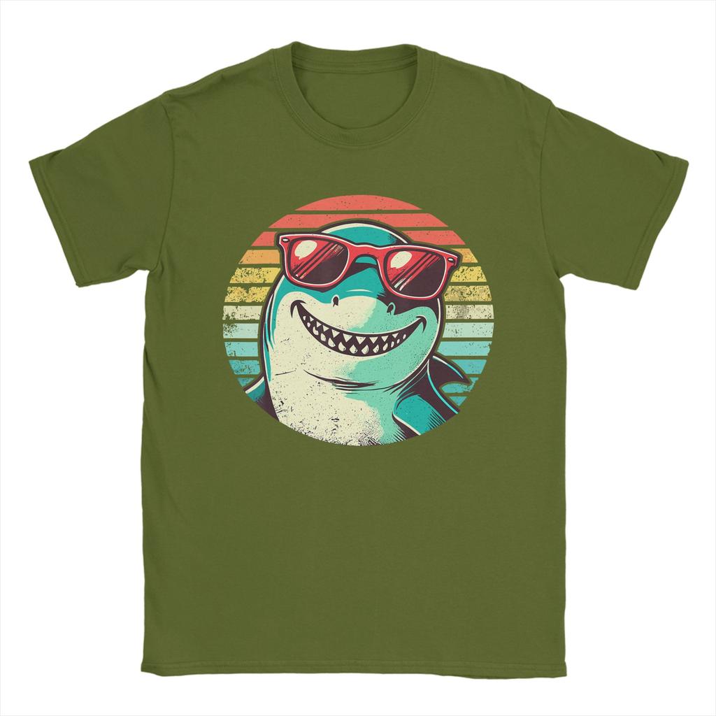 Cool Shark with Sunglasses Retro Sunset Cotton T Shirt For Couple Summer TShirts Crew Neck Leisure Tee Shirt Plus Size Tops