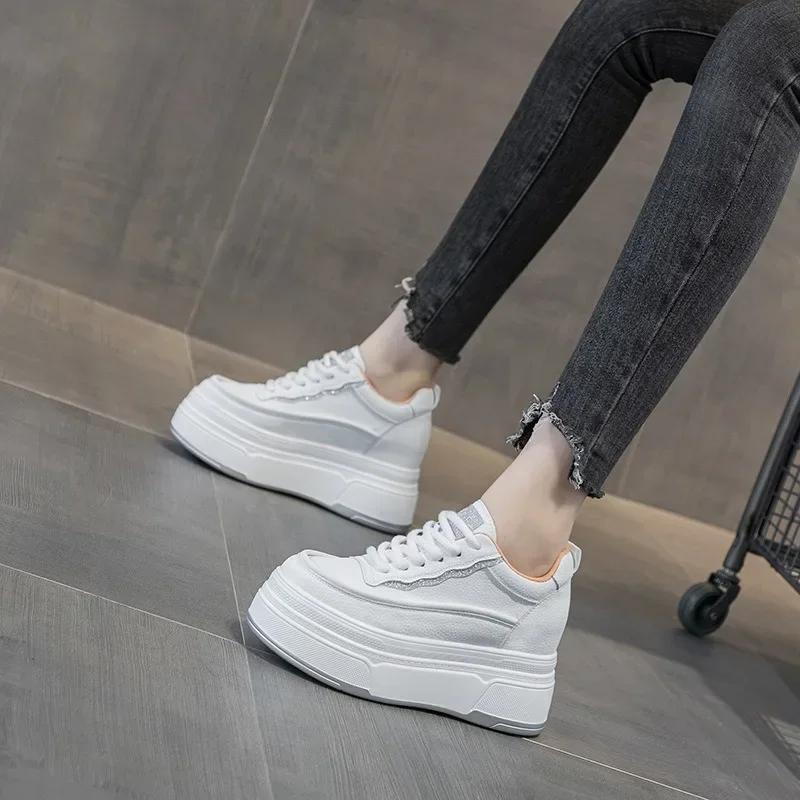 Fashion 9cm Synthetic Genuine Leather Spring Chunky Sneakers Shoes Women Combat Autumn Warm Winter Ankle Platform Wedge Booties