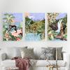 Poster Ragazza Yoga Tela Stampata Arte Murale Illustrazioni Piante Tropicali Disegni Immagini