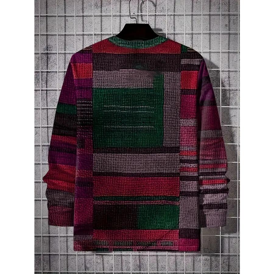 Men's Vibrant Plaid Crew Neck Long Sleeve T-Shirt - Soft, Breathable Comfortable Spring and Autumn Outdoor Activities and Sports - Perfect for Casual