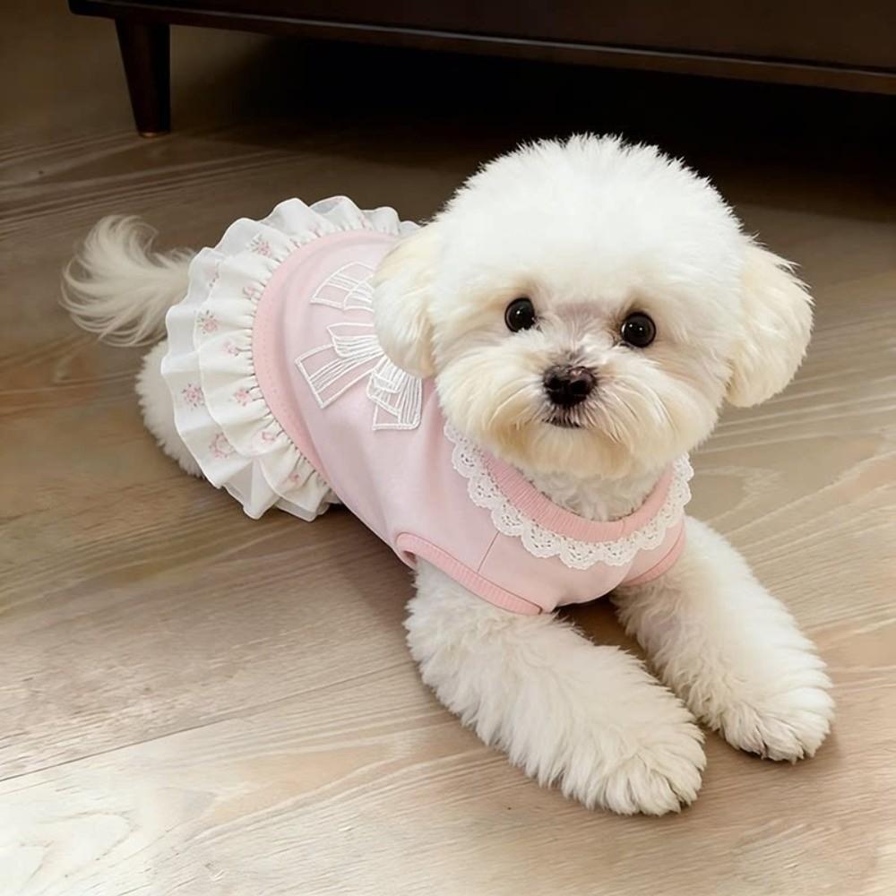 Breathable Pet Princess Dress Lotus Leaf Edge Bow Dog Skirt Sweet Puppy Lace Skirt Outdoor Walk