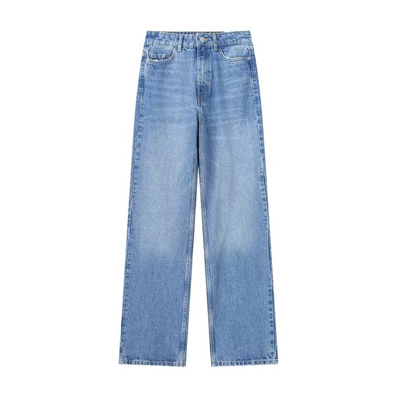 

Fashion Style New High Waist Straight Long Denim Medium Blue XS