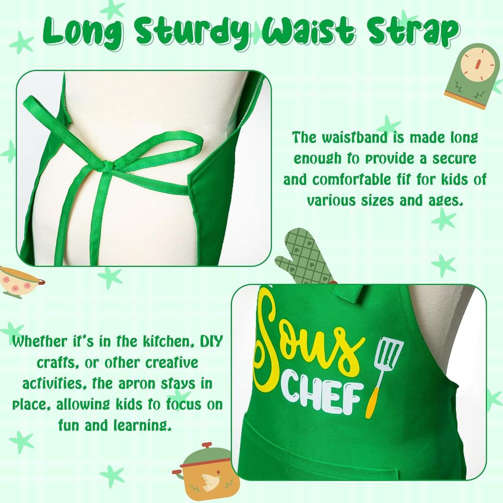 Kid Apron and Chef Hat Set - R HORSE 2Pcs Adjustable Children Green Kitchen Apron, Dress up Role Play Chef Toy Cooking Baking Painting and Training