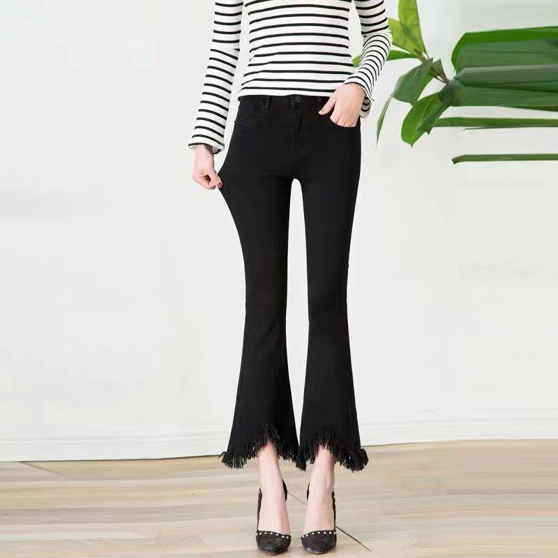 

Women s High-Waist Cropped Flare Jeans, 2023 Winter, Velvet-Lined, Korean Style, Slimming, Draped, with Slit and Fringed Hems Size 29