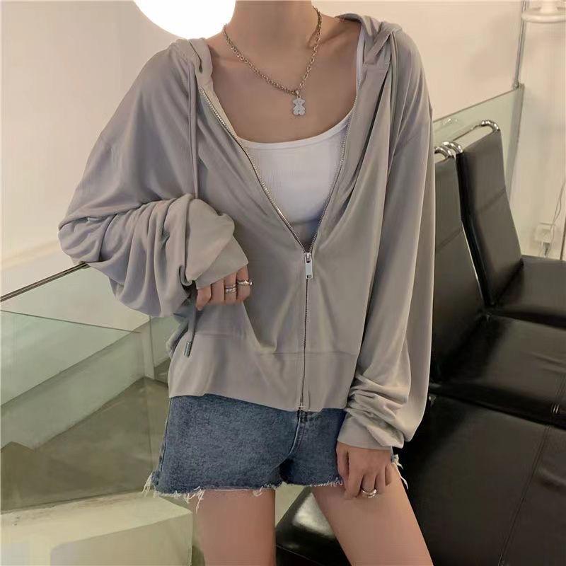 Women's White & Gray Hooded Cardigan Sweatshirt: 2025 Spring/Autumn Loose Fit Short American Style Baseball Jacket