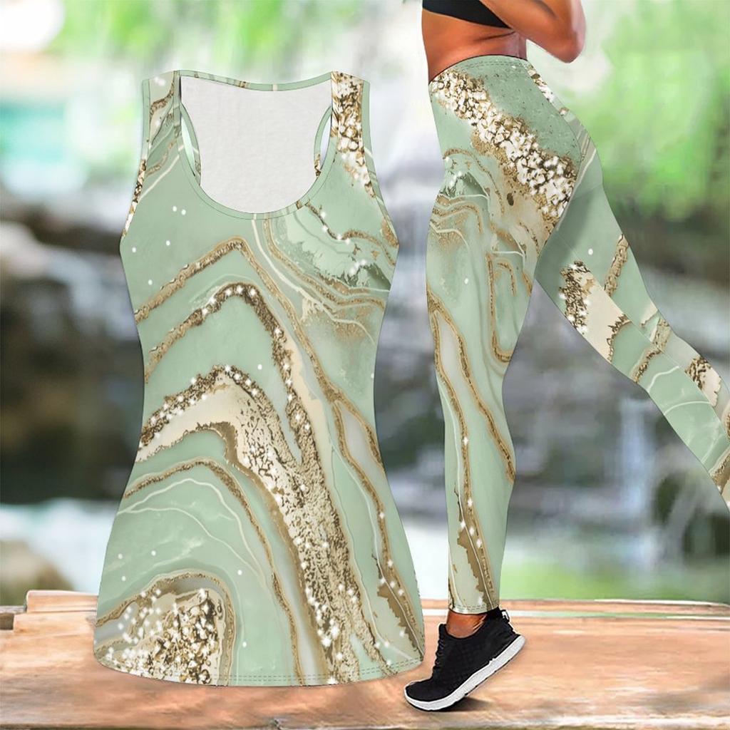 Marble Veining Printed Yoga Outfit for Women Fashion Workout Leggings Fitness Sports Casual Yoga Set Sports Suit