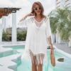 Beach Cover Up Dress V-Neck Woven Hollow Neckline Fringed Cuffs Hem Bikini Cover Up UV Protection Beach Dress