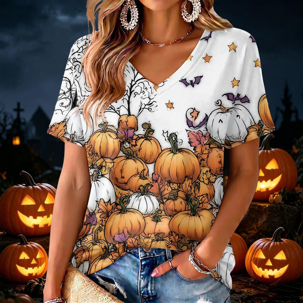 Women's V-Neck Lightweight Halloween Print Top for Spring and Summer