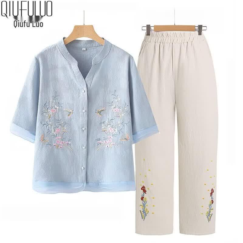 Qiufuluo Women s Cotton Linen Embroidered Summer Set 5XL