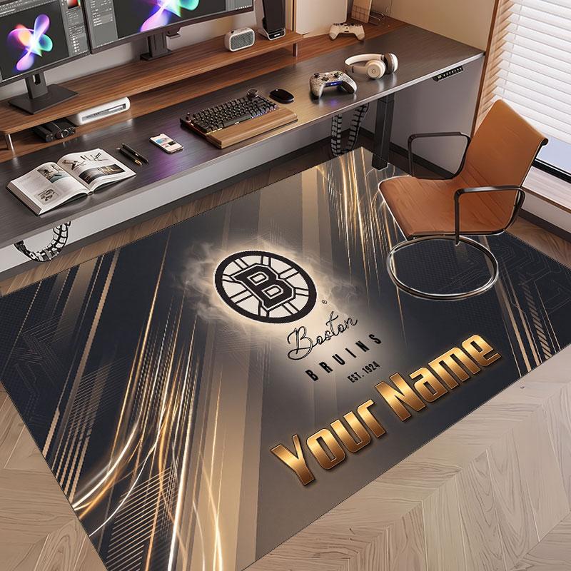 Custom Rug Boston Bruins Pattern Print Name Text Soft Non‑Slip Floor Carpet for Home Indoor Decoration