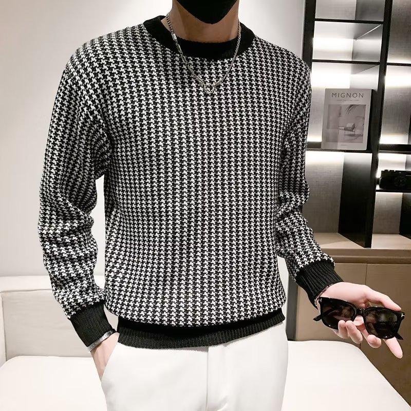 

Men s Slim Fit Houndstooth Round Neck Knitted Sweater - Korean Style Trendy Long Sleeve Pullover Medium сірий колір