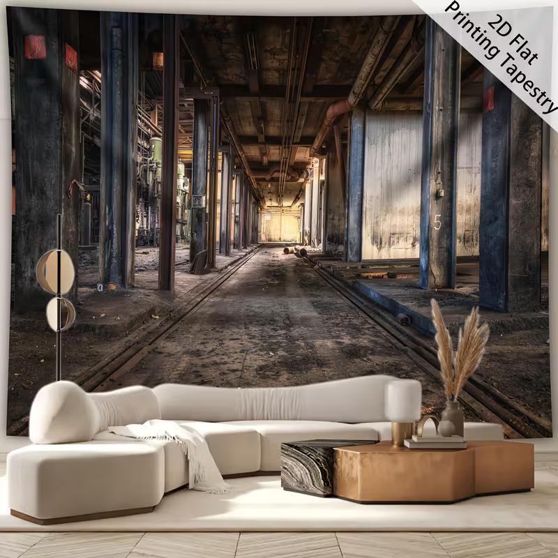 2D Grunge Factory Tapestry Vintage Warehouse with Railroad Tracks Wall Background