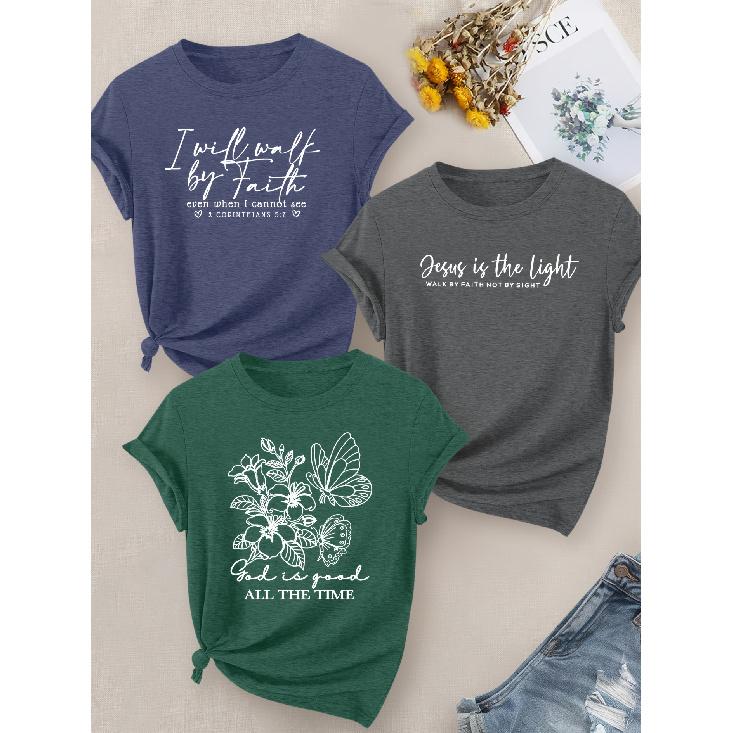 Elegant Party Women's Clothing3Matching Set for Sisters with Floral and Letter Pattern Print, Round Neck, Women's Short-sleeve for Spring, Summer,