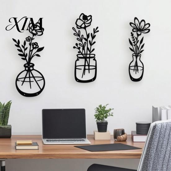 Entryway Corridor Decor 3Pcs Black Metal Flower Wall Decor, Rustic Farmhouse Boho Art, Vase Floral Hanging for Bathroom Kitchen Living Room