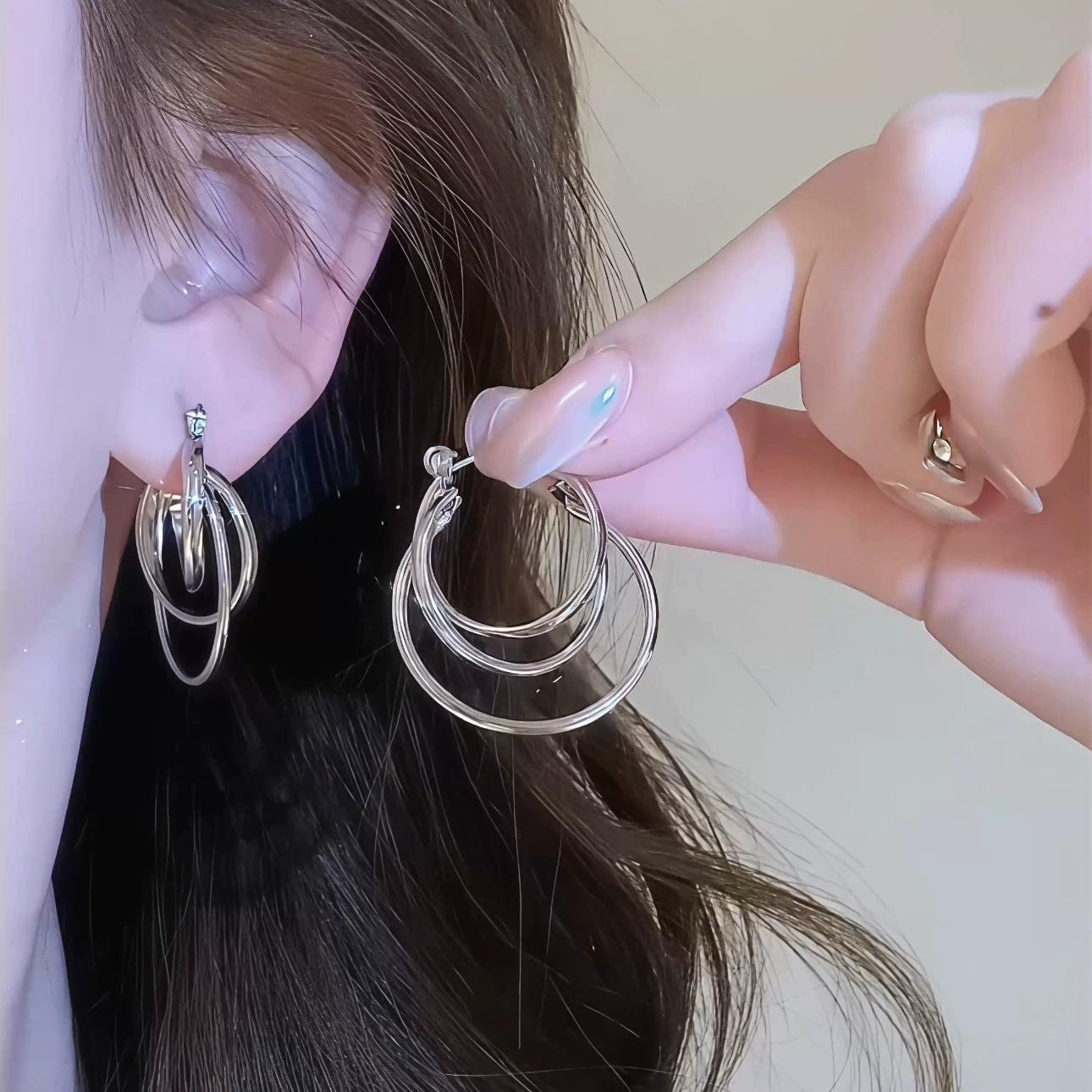 Fashion Punk Metal Multilayer Silver Color Hollow Round Geometric Hoop Earrings For Women Girl Party Jewelry Gifts Accessories