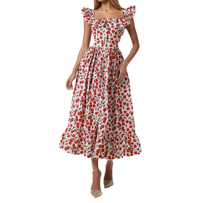 2026 Spring European American Style Women's Fashion Casual Printed Patchwork Ruffled Hem Dress