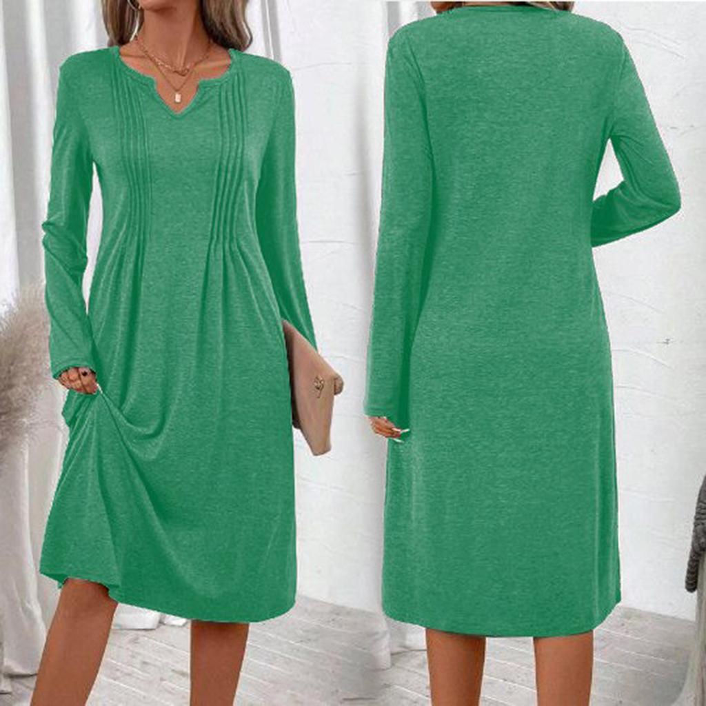 Dames -kleur V-hals Lange Mouwen Losse Geplooide Jurk