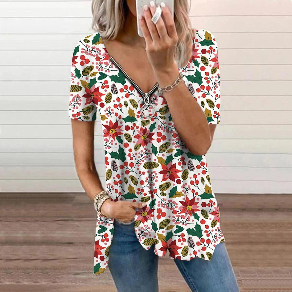 Top de damă Vară Nouă Modă Galben Lămâie Imprimat Casual Fermoar Gât în V Mânecă Scurtă