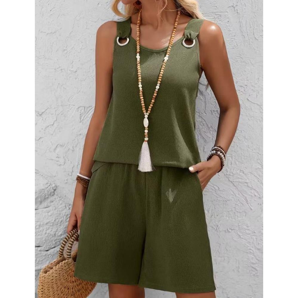 Nuovo Top Senza Maniche in Tessuto Artigianale Monocolore con Doppia Tasca e Pantaloncini, un Outfit Elegante e Casual per le Vacanze di Primavera ed Estate