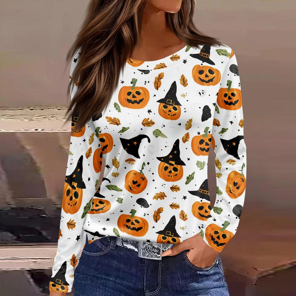 Women's Long Sleeve Round Neck Top with Halloween Print and Side Slit Hem for Casual Holiday Wear