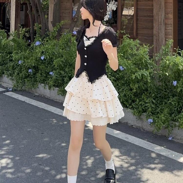 Sweet and Fashionable Fake Two-piece Top Waist Skirt Two-piece Set Summer Japanese Soft Sister Shirt Tutu Skirt Set Women