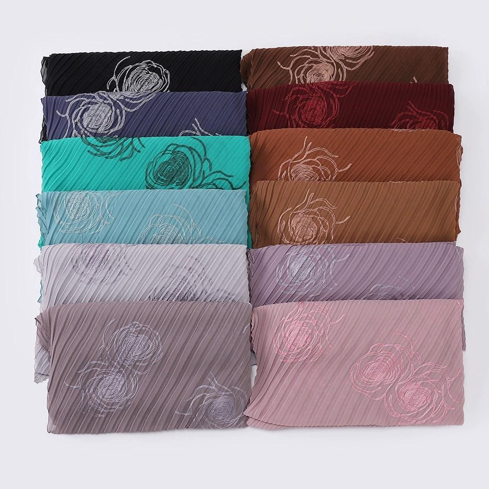 Women Pearl Chiffon Pleated Chiffon Hijab Scarf Islamic Clothing Headscarves Flower Shawls Headwraps For Ladies 70*165Cm