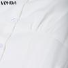 VONDA Women Turn-down Collar Short Sleeve Slim Waist Casual Short Blouse