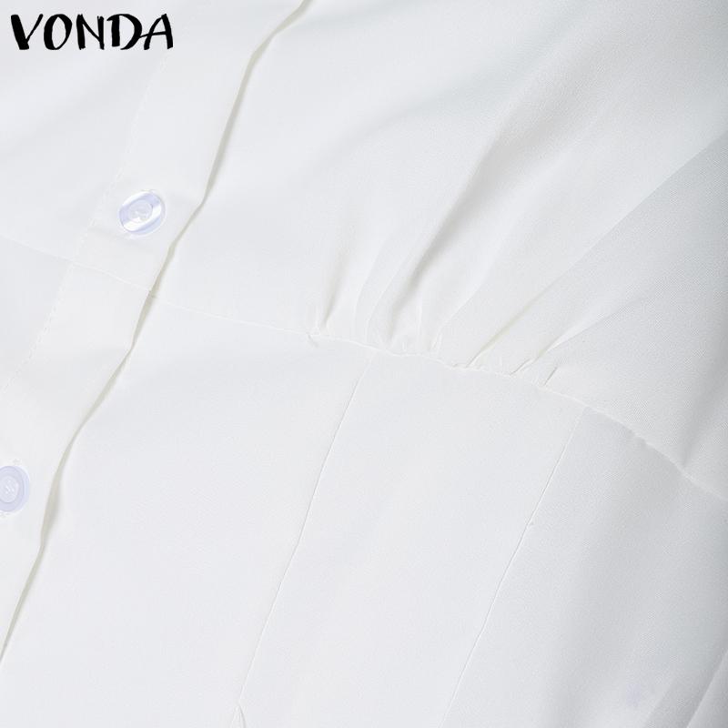 VONDA Women Turn-down Collar Short Sleeve Slim Waist Casual Short Blouse