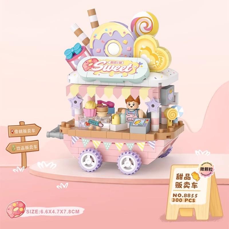 Stand Cart Blocks City Series Street View 300Pcs+ Food Truck Fruit/Icecream Shop Learning Build Toys Toys For Adult 8855