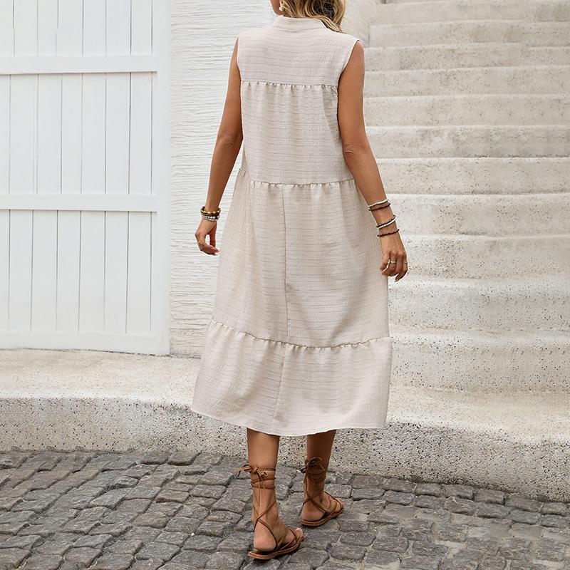 VEZFAA Women's Fashion Summer Spring Solid Color Print Sleeveless V-Neck Loose Waistline Casual Dresses