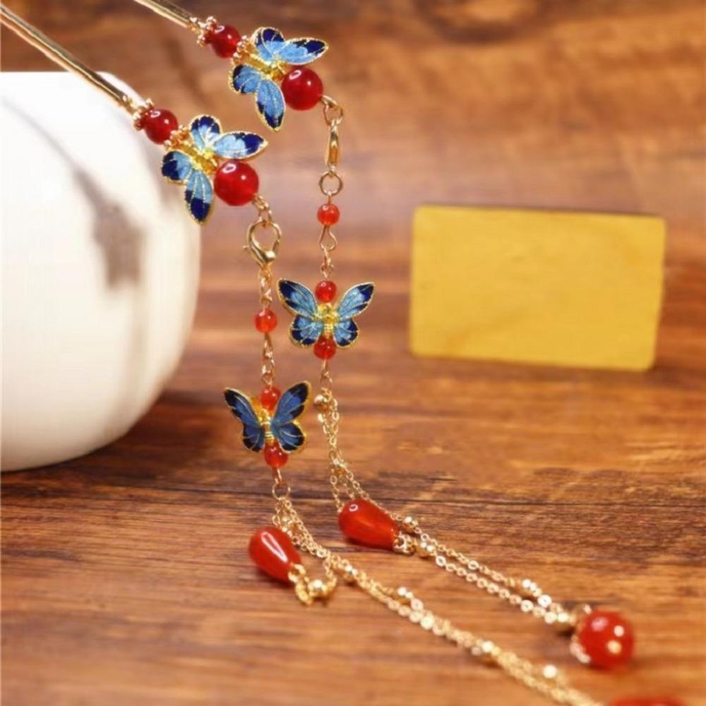 Dancing Butterfly Hairpin Vintage Chinese Metal Tassel Step Shake Clip Bun Colorful Retro Hair Jewelry with Classical Elegance