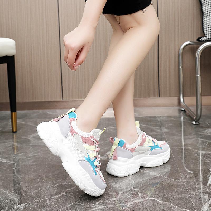 K5010 New Color Matching Women's Shoes  Summer Mesh Breathable Increased Thick Bottom All-Match Casual Daddy Shoes White Shoes