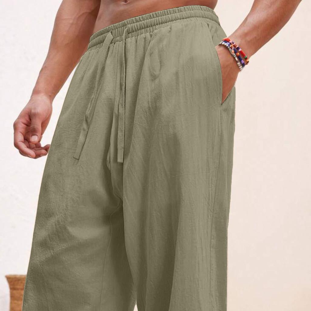 European and American Men's Linen Straight Loose Pants Solid Color Casual Lace-up Wide-leg Beach Pants