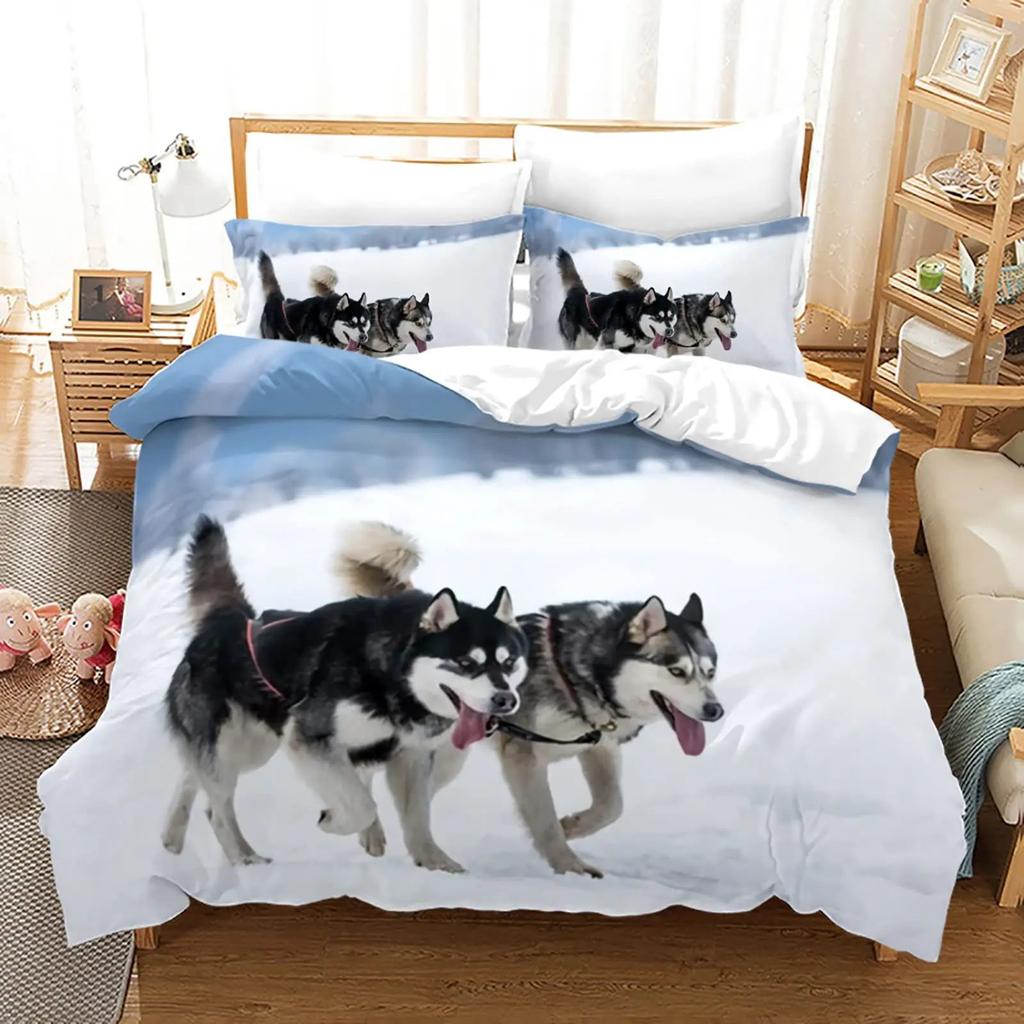Cute Husky Duvet Cover Set Animal Printed Double Bed Three-Piece Quilt Cover Pillowcase Set