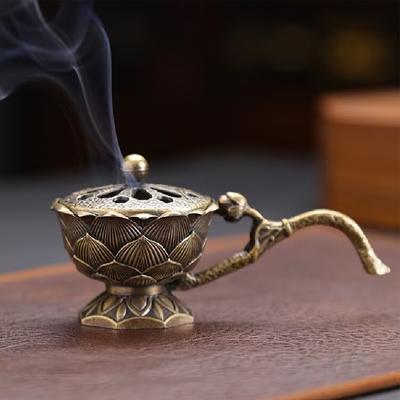 Elde taşınan Lotus Tütsülük, Vintage Alaşımlı İçi Boş Tütsü Çubuğu Tütsülük Kapaklı Aromaterapi Süsü