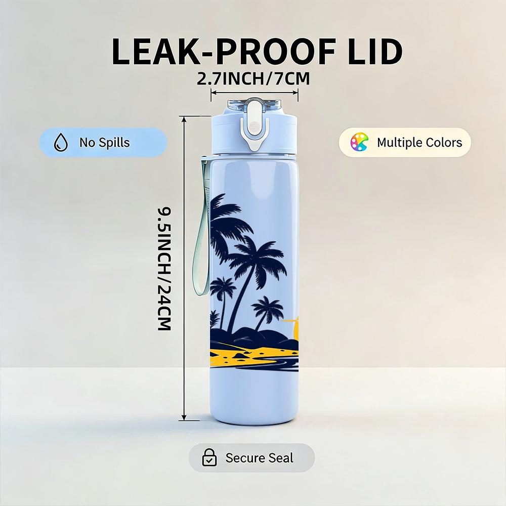 1PC Palm Tree Sunset Beach Scene 750ml Color Plastic Sports Water Bottle Leakproof Flip Straw Lid Suitable for Sports Office Home Use