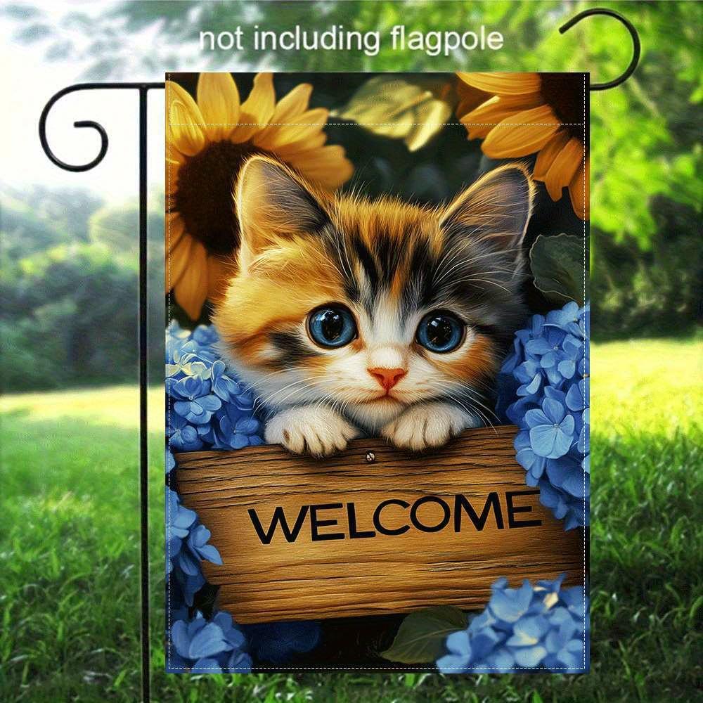 1pc Double-Sided Cute Cat & Sunflower Garden Flag - Durable Linen Material, Vibrant Design with "WELCOME" Sign, Perfect for Outdoor Garden Decor, Kitt