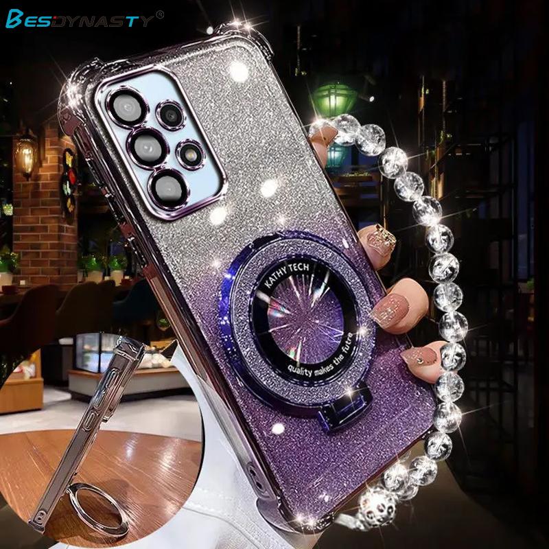Luxury Lanyard Glitter Magnetic Holder Case For Samsung Galaxy S25 S24FE S23 Ultra S22 S21 S20 Plus Note 20 Ultra Silicone Cover