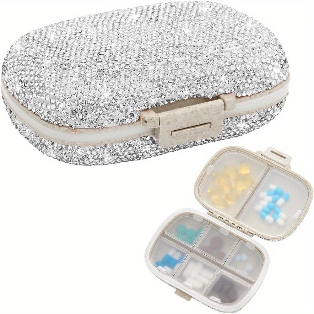 Bling Pill Organizer With 8 Compartments Travel Portable Pill Case Double Sided Rhinestone Pill Box For Vitamin Fashion Gifts