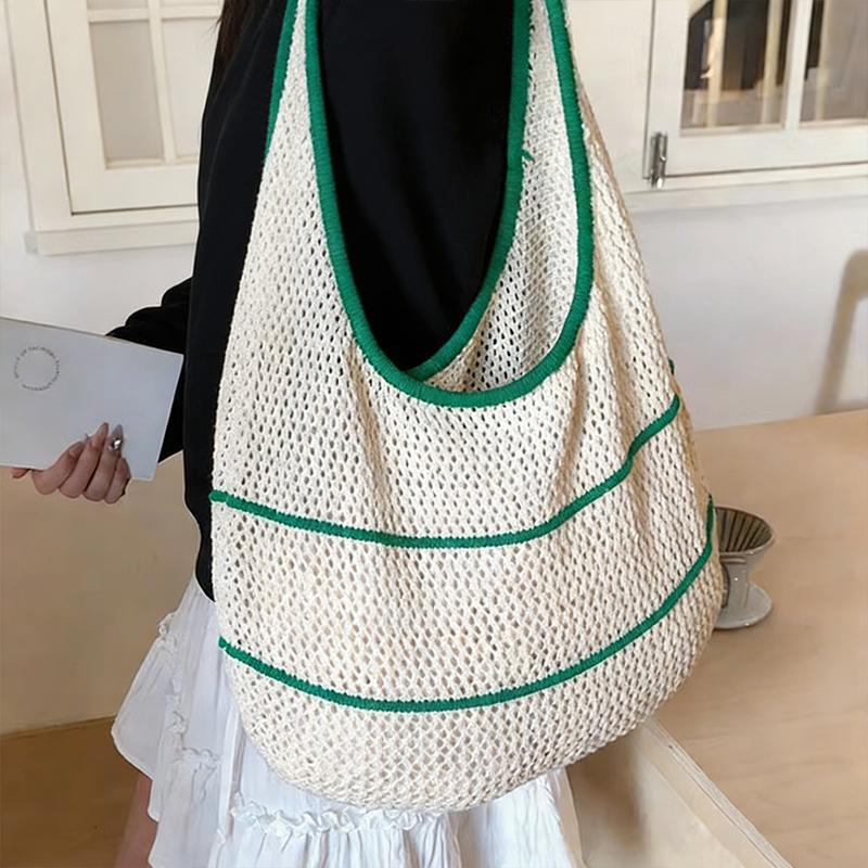 Trendy Bohemian Knitted Shoulder Bag Hollowed Out Sweet Crochet Tote Bag Large Capacity Spacious Sundries Storage Bag Vacati