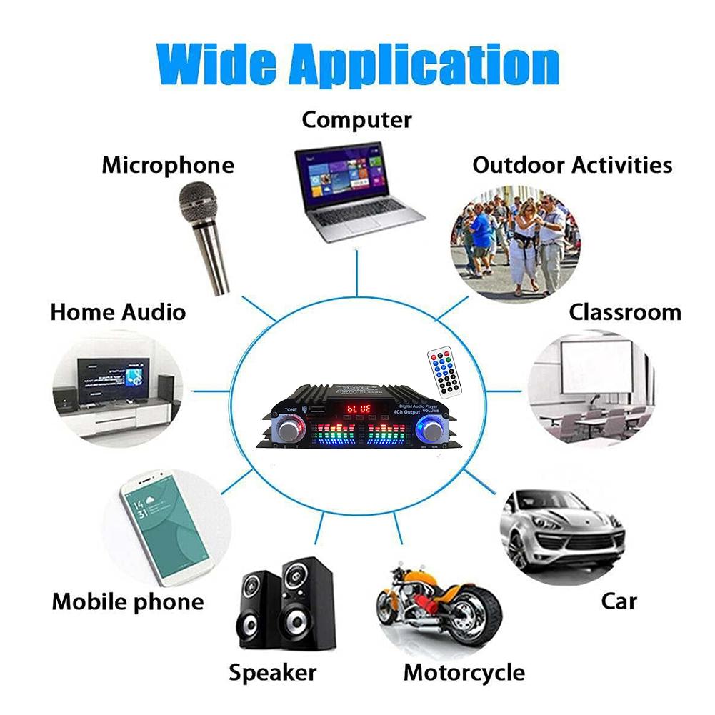 1600W Peak Power HiFi Sound Amplifier FM Radio USB Bluetooth Karaoke Player Remote Control Digital 4 Channel HiFi Stereo AMP