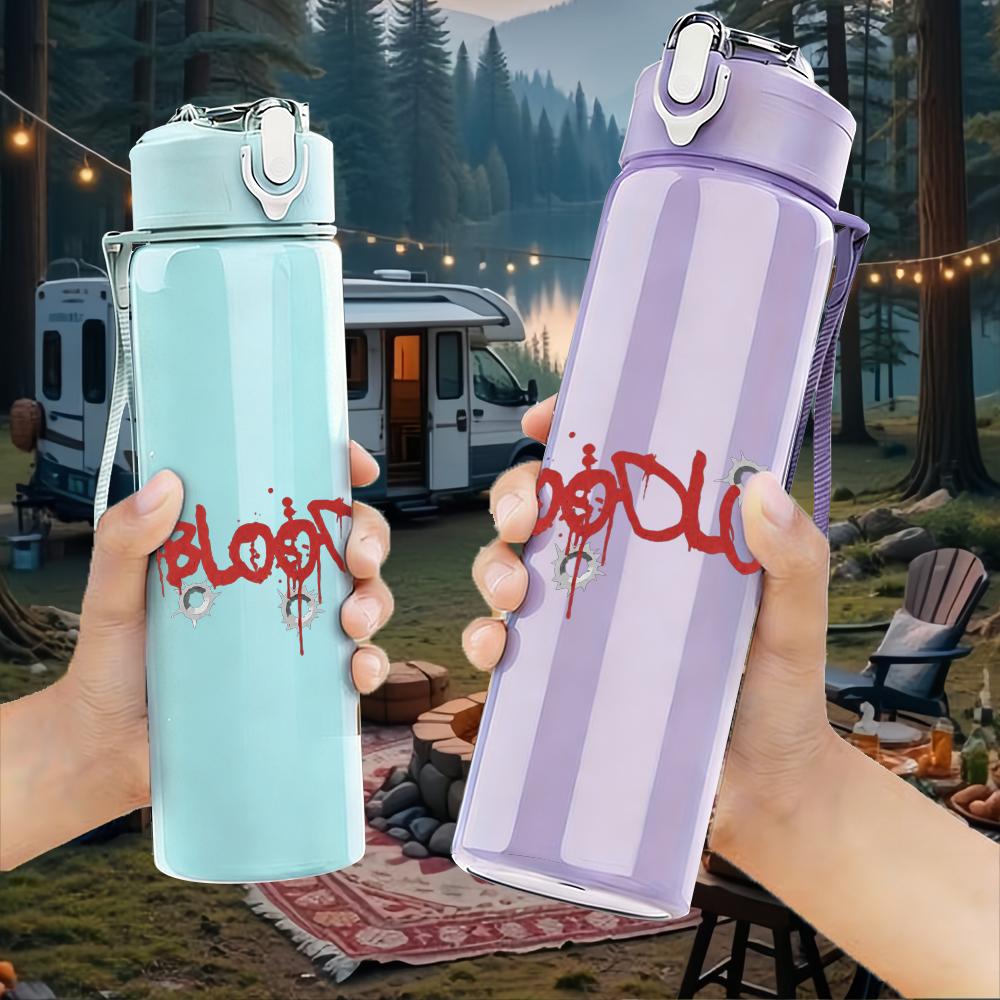 1PC Bloodscream red band text print 750ml colorful plastic sports water bottle leakproof pop up lid with straw for outdoor work home use